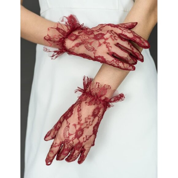Women's Red Vintage Evening Short Lace Gloves Wedding Party Prom Accessories - Picture 6 of 6